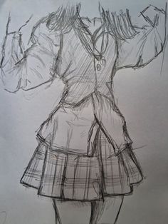 a drawing of a woman in a skirt and jacket with her hands up to her head