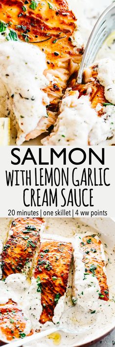 salmon with lemon garlic cream sauce on a plate