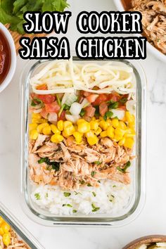 slow cooker salsa chicken in a casserole dish with rice, corn and cilantro