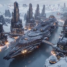 a sci - fi city is surrounded by snow and ice