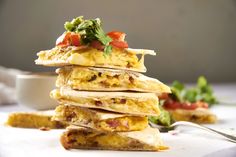 a stack of food sitting on top of a table