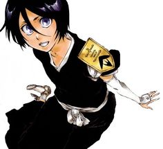 an anime character with black hair and blue eyes is holding a yellow object in her hand