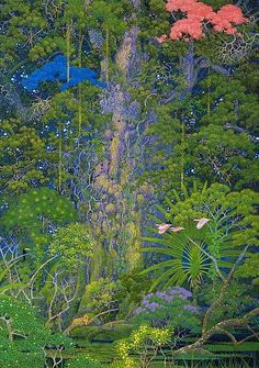 a painting of trees and plants in the woods