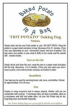 an advertisement for baked potato hot pot and baking bag with instructions on how to bake it