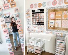 two pictures of a woman standing in front of a wall with many different things on it