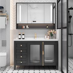 a bathroom with black cabinets and white tile