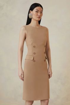 The Founder Compact Stretch Button Detail Woven Midi Dress | Karen Millen Camel Dress, Plus Size Workwear, Spring Wedding Guest Dress, Petite Business Casual, Eid Outfits, Sophisticated Aesthetic, Outfit Wedding Guest, Evening Dresses Cocktail, Tailored Dress