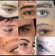 many different types of eyes with piercings on their forehead and eyebrows, all in various colors