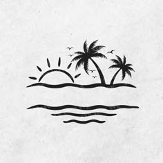 a black and white drawing of two palm trees on an island