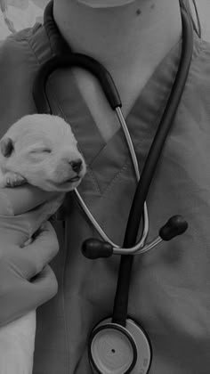 a black and white photo of a baby lamb being held by a person wearing a stethoscope