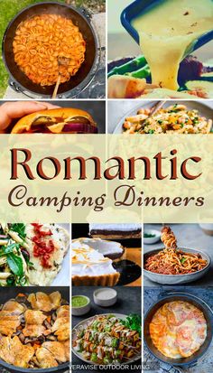 the cover of romantic camping dinners with pictures of different dishes and food items in them