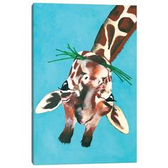 a painting of two giraffes with green leaves on their heads