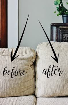 two pillows with the words before and after painted on them, sitting on a couch