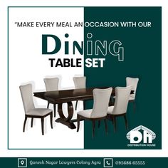 a dining table set with chairs and an advertisement for the furniture store on green background