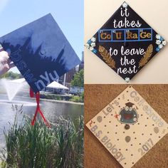 graduation caps are hanging on the wall and in front of water, with words that say it takes to leave the nest