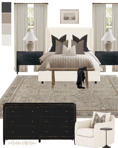 a bedroom with black, white and grey accents