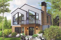 this is a rendering of a modern house with large windows and lots of seating around the fire pit