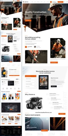 the construction company website is displayed on two screens, one with an orange and black theme