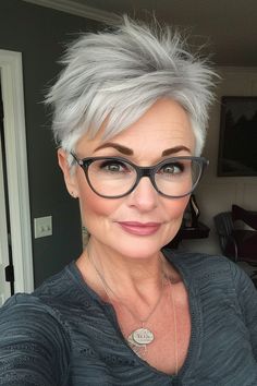 26. Edgy Undercut Pixie - Hairstyles For Women Over 50 With Glasses Edgy Undercut Pixie, Edgy Undercut, Silver Hairstyles, In Haircuts, Grey Hair And Glasses, Classic Bob Haircut, Older Women's Hairstyles, Best Hairstyles For Women, Hairstyles With Glasses