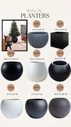 an info sheet showing the different types of planters and vases for sale in stores