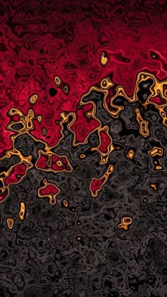 an abstract painting with red and black colors in the background, as well as gold foil