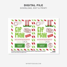 two christmas elf mail envelopes with the text,'digital file'in green and red