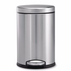 a stainless steel trash can on a white background