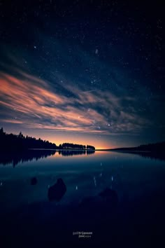 the night sky with stars above water and trees