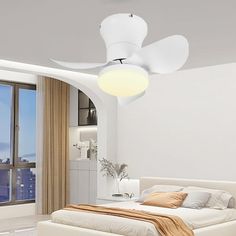 a bedroom with a bed, ceiling fan and large window overlooking the cityscape