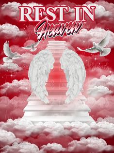 the cover for in loving memory, featuring two white angel wings flying over a red background