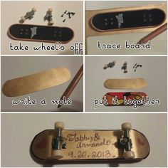 there are four pictures showing how to make a skateboard