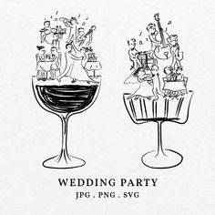 two wine glasses with people on them and the words wedding party written in black ink