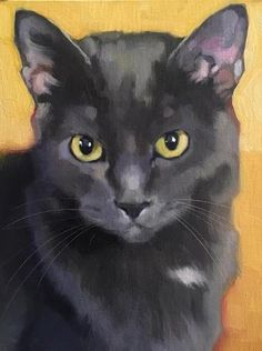 a painting of a black cat with yellow eyes