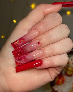 Red Ombre Nails With Rhinestones, Red Birthday Nails Acrylic Long, Latina Acrylic Nails Red, Red Nails For Quinceanera Long, Red Baddie Nails Acrylic, Red Long Acrylic Nails With Rhinestones, Red Ombre Nails Acrylic, Long Square Acrylic Nails Red Glitter, Red Bday Nails