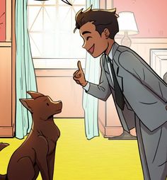 a man in a suit standing next to a dog and giving the thumbs up sign