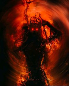 a demonic demon standing in front of a fire filled sky with his eyes wide open