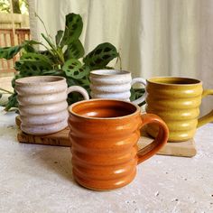 three coffee mugs sitting on top of a table next to a potted plant