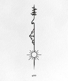 an ink drawing of the sun and trees