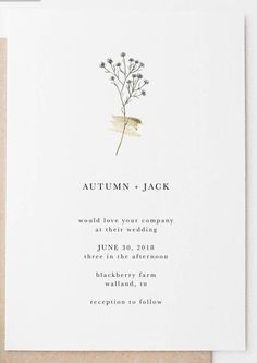 an image of a wedding card with the words autumn and jack written on it in black ink