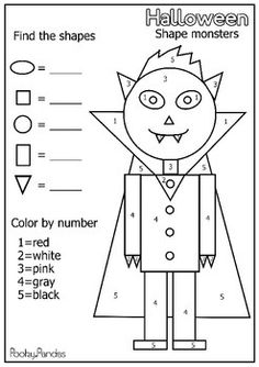 halloween shape monsters worksheet for kids to color and practice number recognition skills with pictures