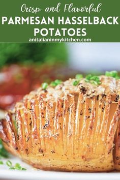 a close up of a plate of food with text overlay that reads crisp and flavorful parmesan hasselback potatoes