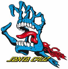 the logo for santa cruz high school is shown in blue and red with an image of a monster's mouth