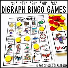 Looking for a fun way to practice DIGRAPHS? These BINGO games reinforce the reading and spelling of 72 words with beginning and ending digraphs. This is the perfect activity for Centers, Word Work, or Guided Reading!This product features THREE different BINGO sets. Each digraph is highlighted in red to reinforce reading and spelling.Easy Digraph Words, Set#1: check, mash, chick, bath, shop, path, rash, math, cash, shed, fish, shut, ship, when, dash, chips, chin, chop, moth, whip, thick, chat, wh Ending Digraphs, Bingo Sets, Digraph Words, Bingo Set, Challenging Games, Vocabulary Building, Bingo Games, Pot Of Gold, Common Core Standards