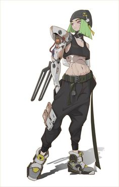 an anime character with green hair holding a pair of scissor blades in her hand