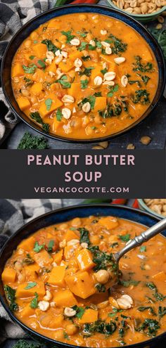 two bowls filled with peanut butter soup and topped with cashews