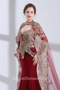 Mermaid Front Cut Out Burgundy Satin Gold Lace Evening Prom Dress With Cape Red Mermaid, Bridal Mehendi Designs, Evening Dresses With Sleeves, Evening Dress Floor Length, Red Evening Dress, Dress Sleeve Styles