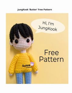 a crocheted doll with a speech bubble above it that says, i'mjunngkookook free pattern