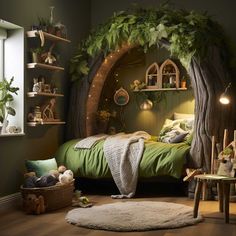 a bedroom decorated in green and white with lots of greenery