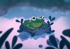 a frog sitting on top of a rock in the middle of some plants and water