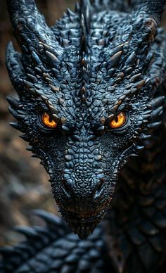 a close up of a black dragon with orange eyes